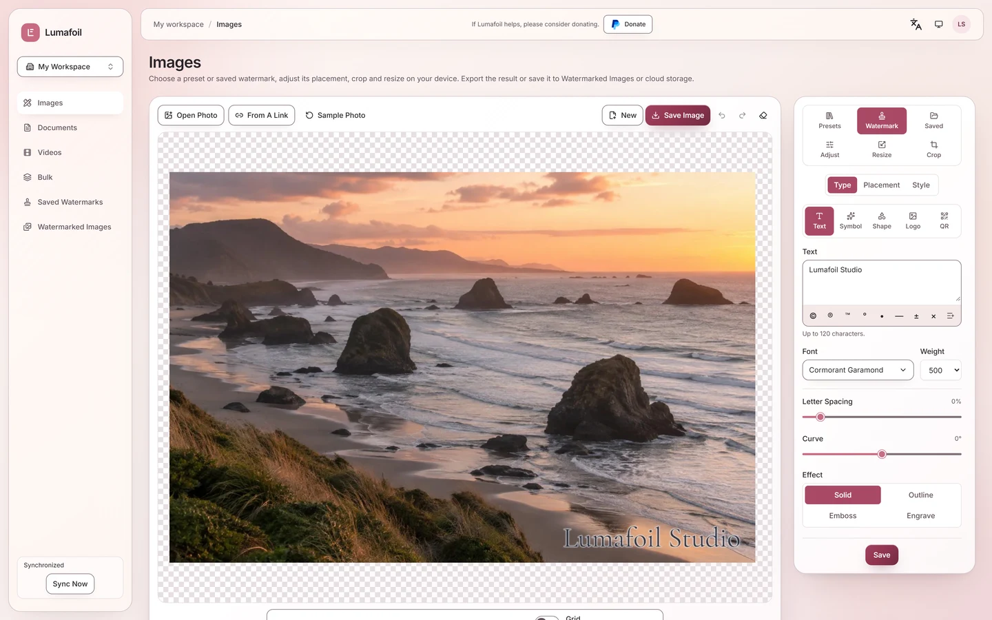 Lumafoil photo editor with watermark placement and export controls